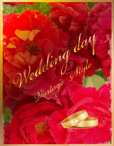 Vintage wedding card with rings and red roses.