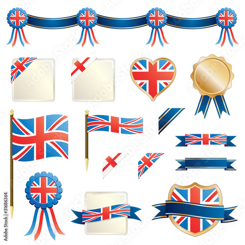 uk union jack flags ribbons and seals vector clipart isolated on white with copy space