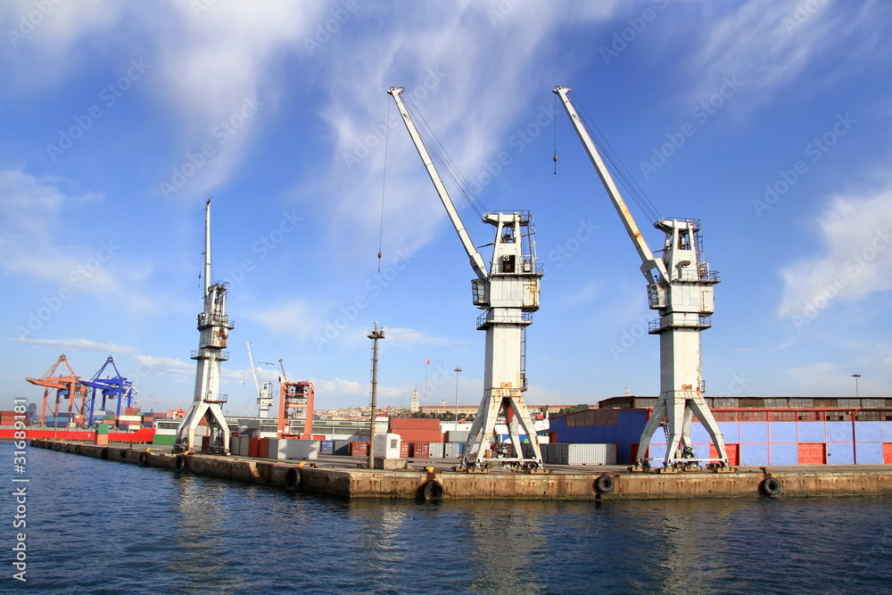 Industrial harbor with large cargo cranes