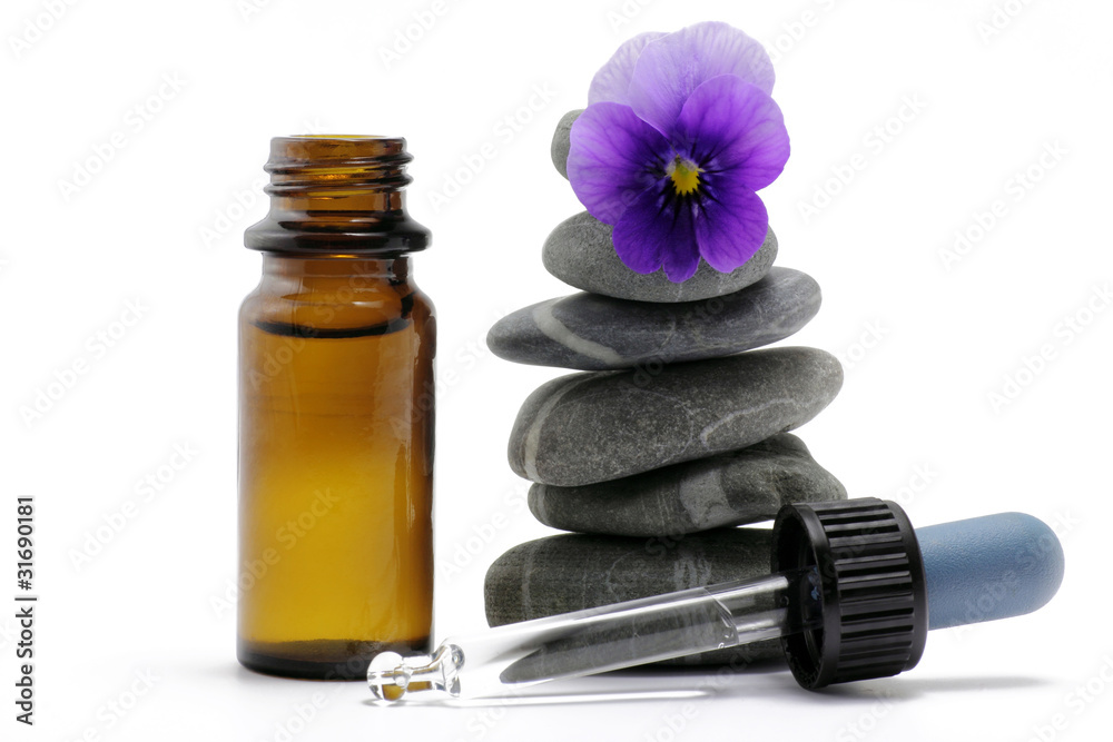 blüte auf steinen mit flasche