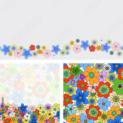 Flowers texture borders seamless pattern set