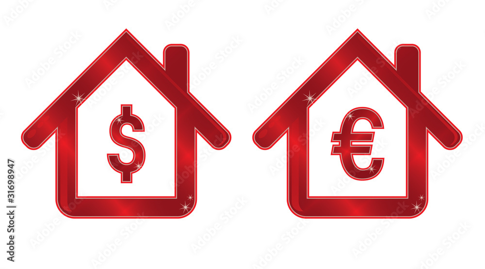Real estate shiny house with dollar and euro currency Real estate shiny house with dollar and euro currency
