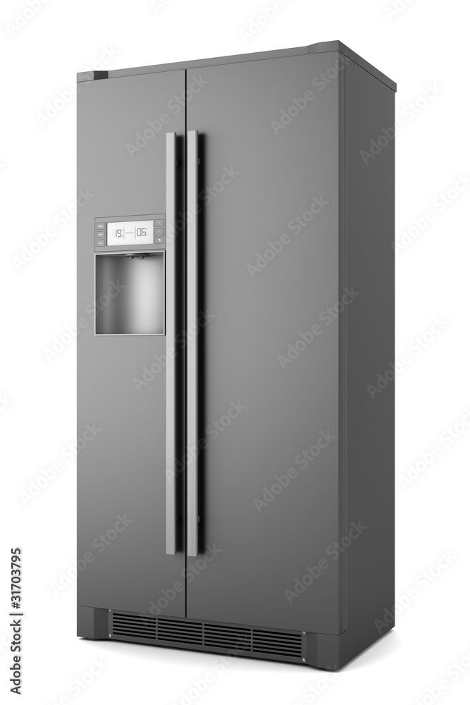 single modern black refrigerator isolated on white background