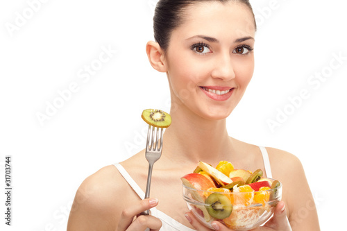 healthy lifestyle, woman holding fruit salad