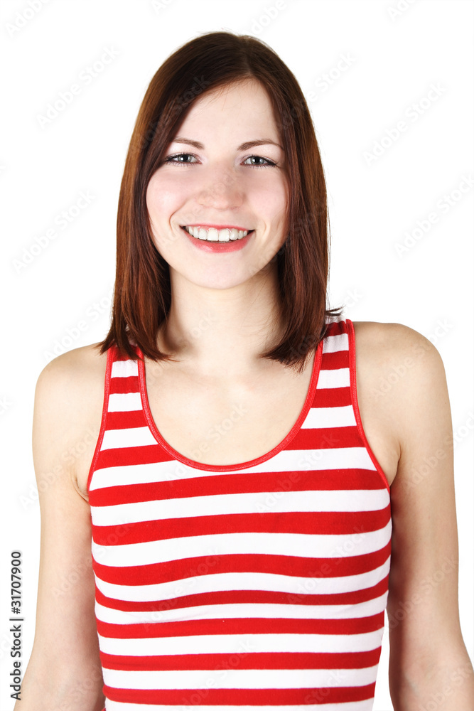 young brunette woman in red and white striped shirt smiling, iso young brunette woman in red and white striped shirt smiling, iso