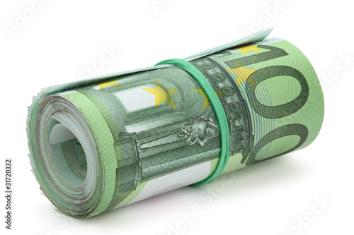 Roll of one hundred euro banknotes.