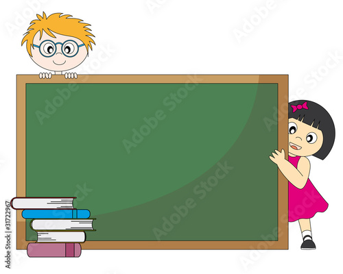 Niños alrededor de una pizarra. Vector con fondo blanco