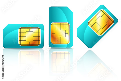 set of blue sim card isolated on white background