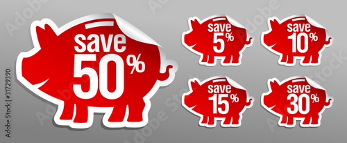Discount labels in form of piggy bank.