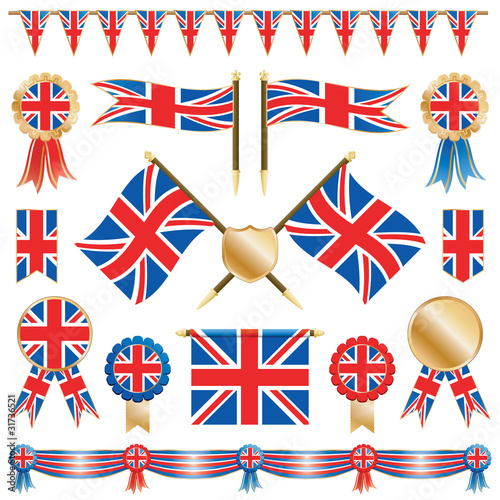 Union jack vector clipart set UK flags rosettes bunting and ribbons isolated on white