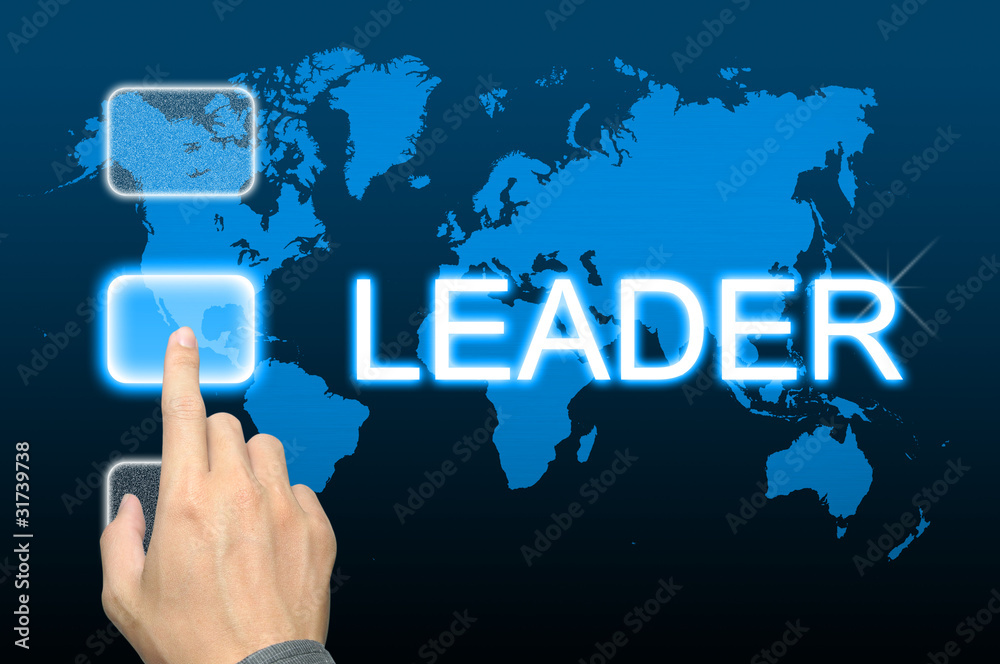 businessman hand pressing leader button businessman hand pressing leader button
