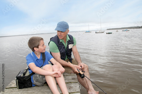 Father and son fishing in lake