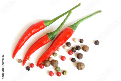 Red chili peppers and peppercorns