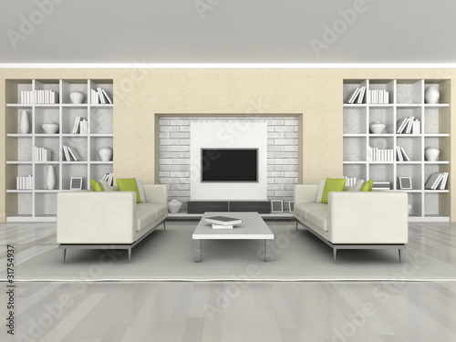 Interior of the modern room, brown wall and white sofa