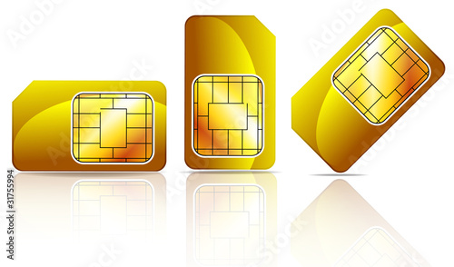 set of gold sim card isolated on white background