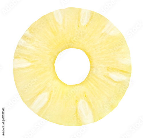 Isolated pineapple slice. One ring of canned pineapple isolated on white background