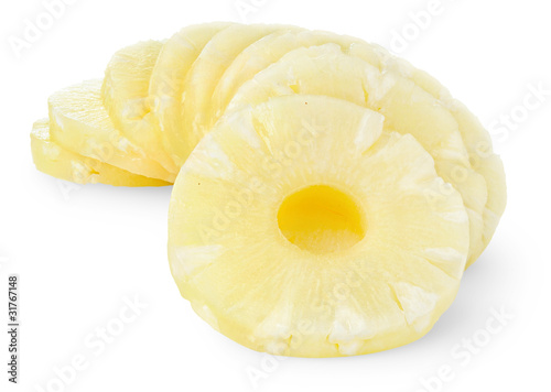Isolated pineapple slices. Rings of canned pineapple isolated on white background