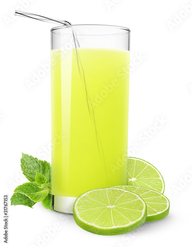 Isolated drink. Glass of lime juice and mint leaf isolated on white background photo