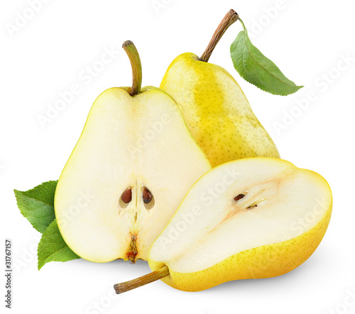 Isolated pears. Yellow pear fruits, one whole and one cut in halves isolated on white background