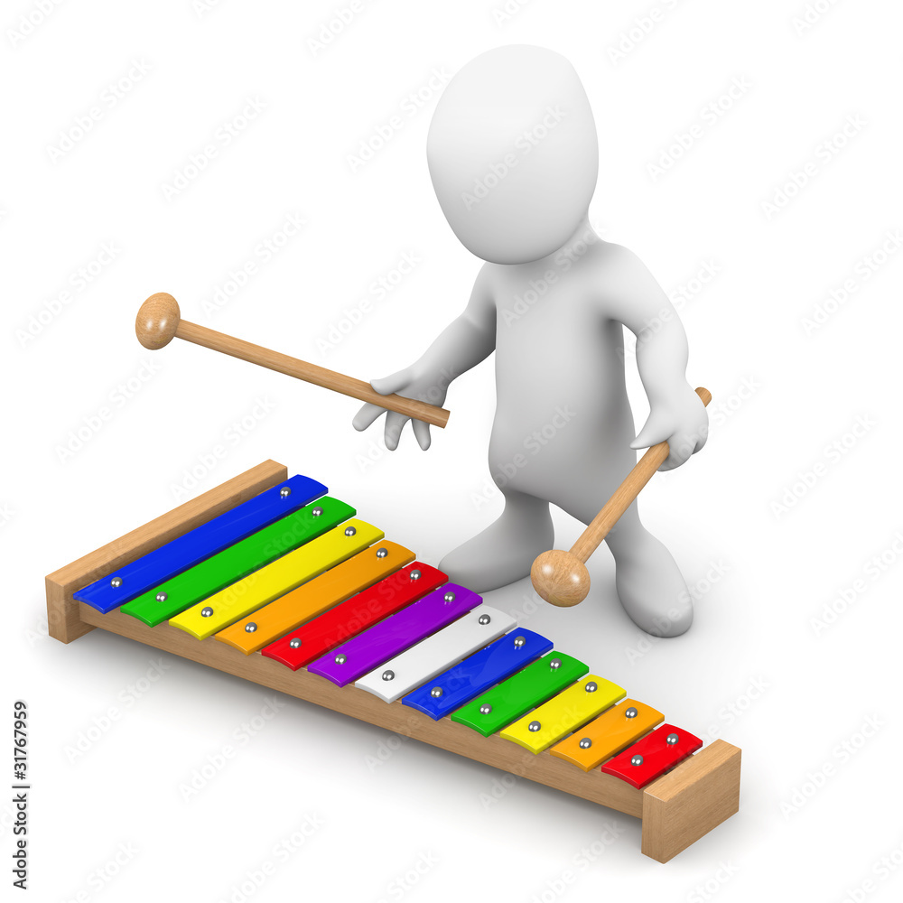 3d Little man plays on his glockenspiel 3d Little man plays on his glockenspiel