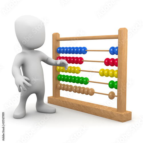 3d Little man intrigued by an abacus