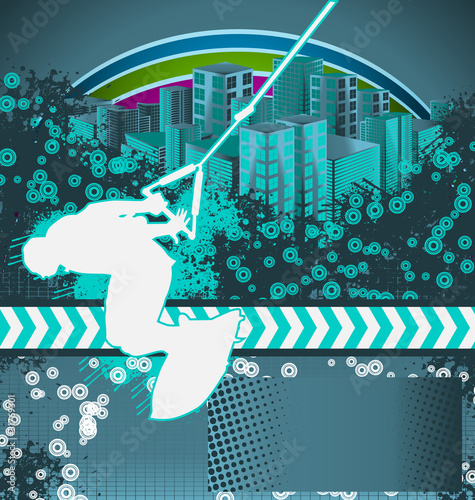 Abstract grunge background with wakeboarder silhouette