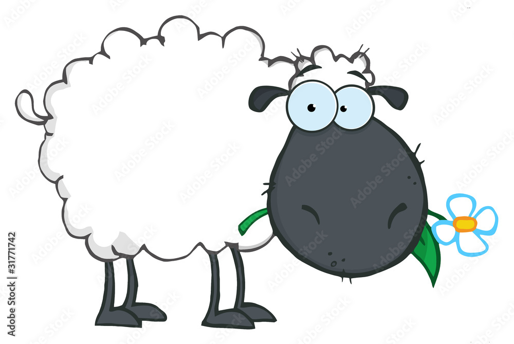 Obraz premium Black Sheep Cartoon Character Eating A Flower