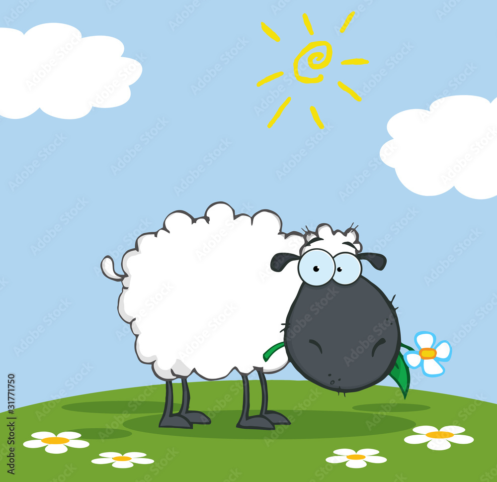 Fototapeta premium Black Sheep Cartoon Character Eating A Flower On A Meadow