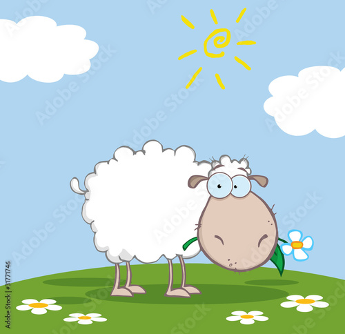 White Sheep Cartoon Character Eating A Flower On A Meadow