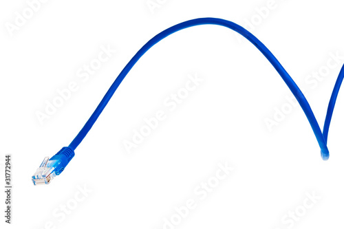 Blue patch cord with RJ45 plug over white background.