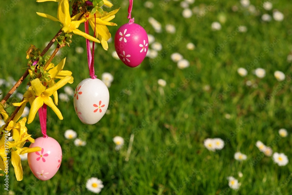 Easter eggs on branchlet with garden in background