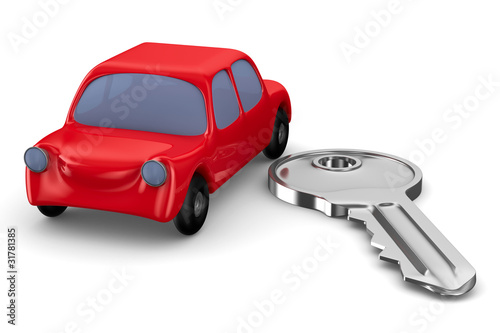 Red car and key on white ba...