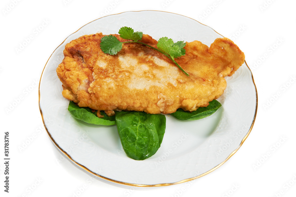 Schnitzel with sorrel leaves and cilantro