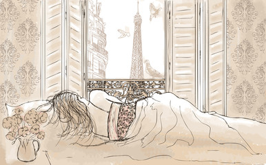 Fototapete Abbildung Paris Schlafende Frau in Pariser Cafe  © Isaxar