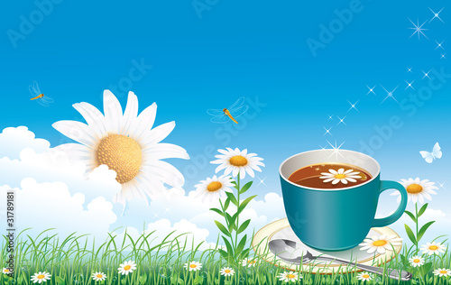 floral landscape with camomiles and cup of tea