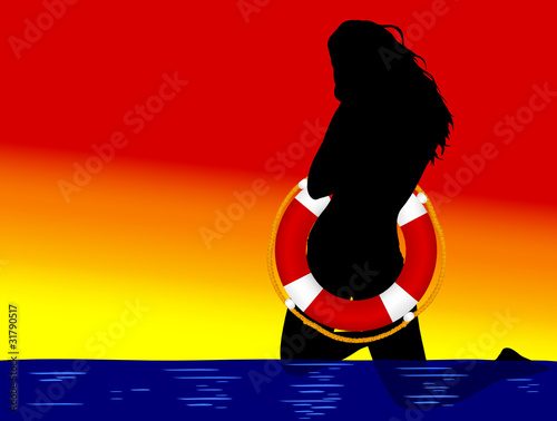girl with live saver in sea
