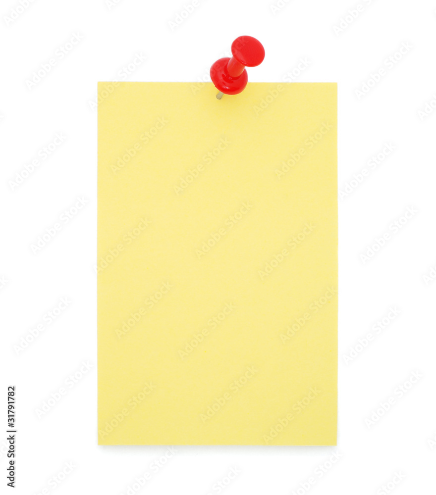 Yellow paper note with red pushpin Yellow paper note with red pushpin