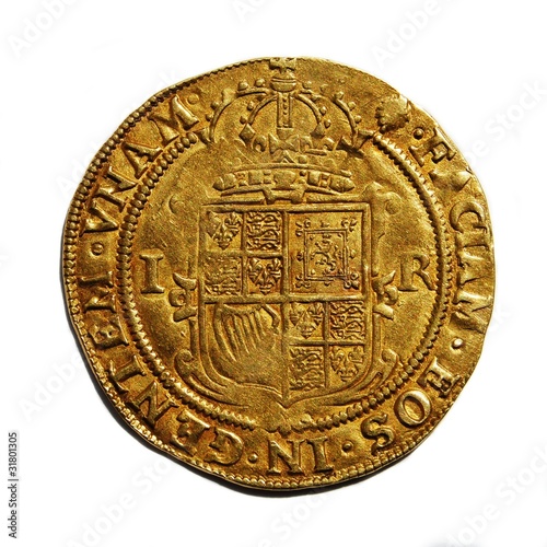 Old British hammered gold coin isolated Unite of James I reverse
