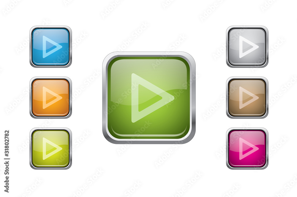 vector multicolored glossy rounded square buttons with play sign