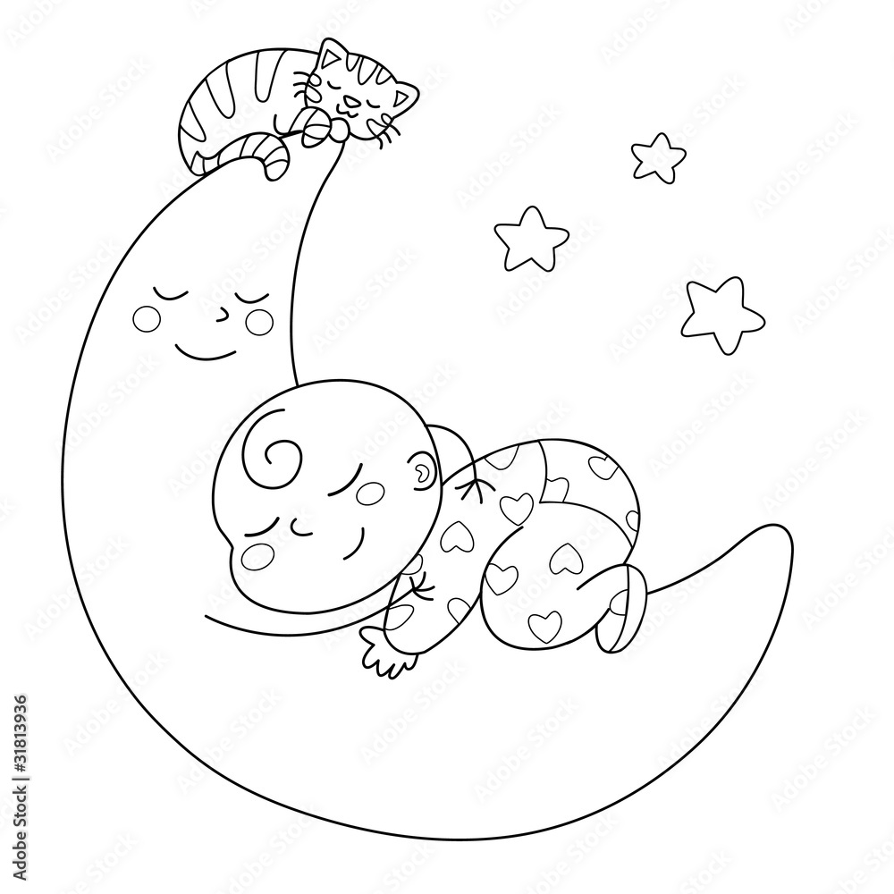 Czuły księżyc z dzieckiem, które śpi