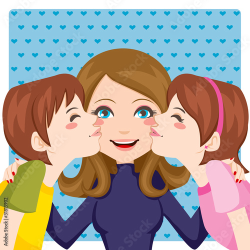 Son and daughter kissing happy mother cheeks