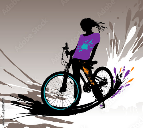 Biker girl silhouette, vector illustration with splashes.