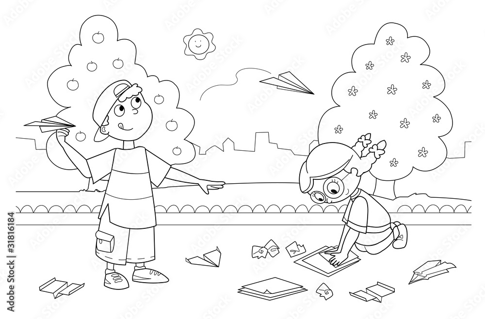 Sticker Bambini che giocano con aeroplani di carta nel parco 