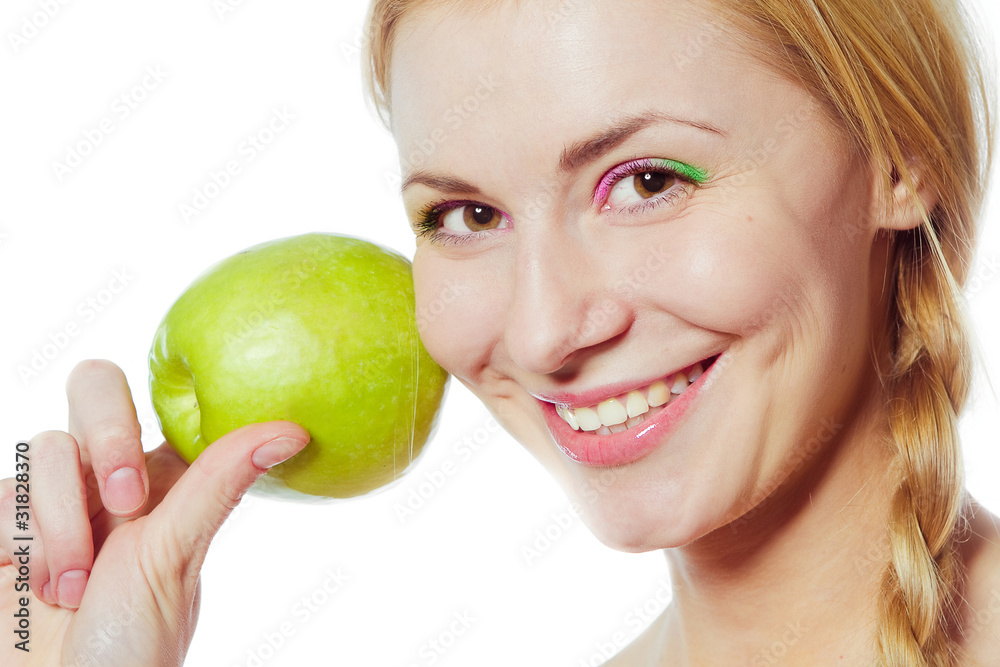 portrait of young woman with green apple isolated on white portrait of young woman with green apple isolated on white