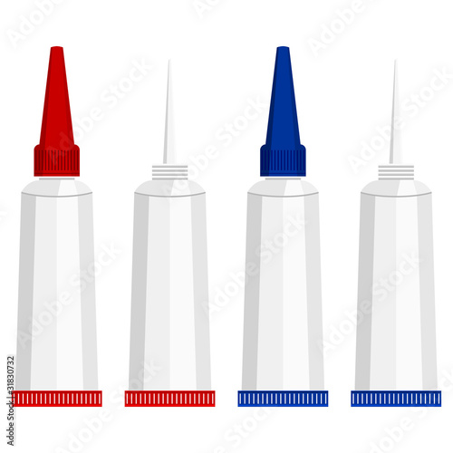 Red and blue super glue tubes over white