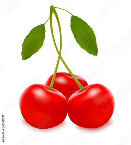 Three cherries with leaf on a white background. Vector