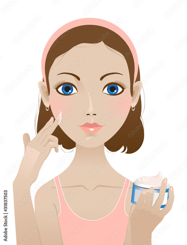 young woman uses the cream for her face young woman uses the cream for her face