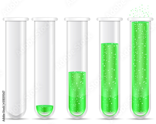 green liquid with bubble in test tubes