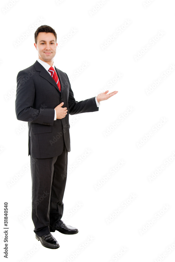 Happy businessman with arm out in a welcoming gesture , isolated Happy businessman with arm out in a welcoming gesture , isolated