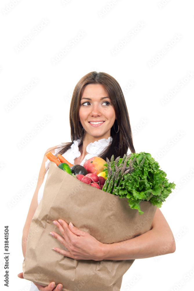 Woman holding bags with grocery in supermarket Woman holding bags with grocery in supermarket